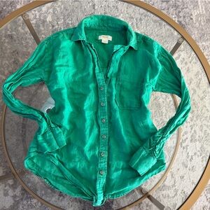 Maeve Anthropologie Green Button-Up Linen Shirt